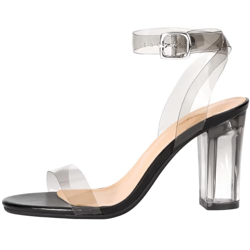 ZriEy Black Clear Block Sandals Chunky Heels for Women 3.35 Inch Open Toe Adjustable Ankle Strap Pump Sandals for Weddings Parties Daily Wear Size 6.5 - Image 2