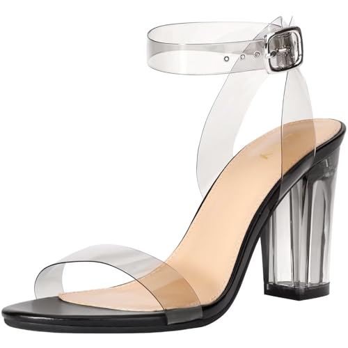 ZriEy Black Clear Block Sandals Chunky Heels for Women 3.35 Inch Open Toe Adjustable Ankle Strap Pump Sandals for Weddings Parties Daily Wear Size 6.5 - Image 1