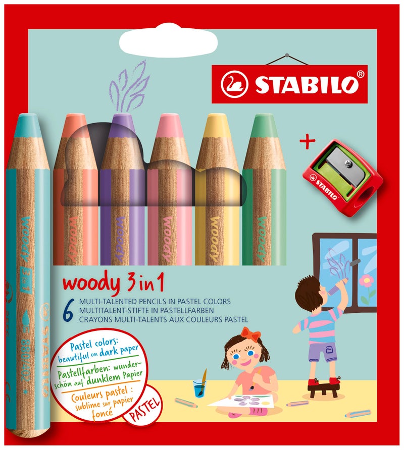 STABILO woody 3in1 MultiTalented Pencil Pack of 6 Assorted Pastel colors with Sharpener - Image 2