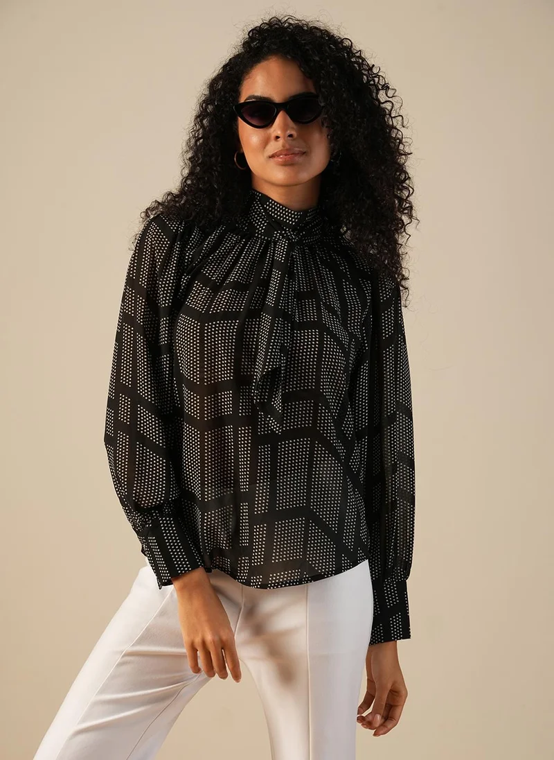 globus Globus Women High Neck Cuffed Sleeves Tie-Up Detail Polka Dots Georgette Party Top