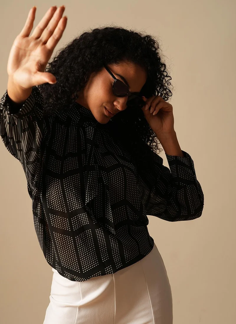 globus Globus Women High Neck Cuffed Sleeves Tie-Up Detail Polka Dots Georgette Party Top