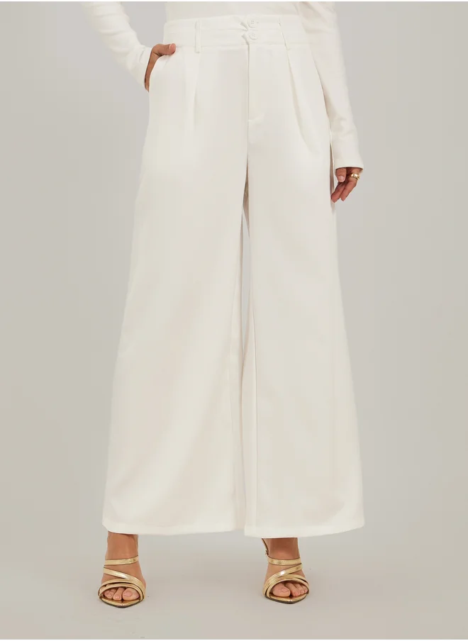 ستايلي Pleated Wide Leg Pants with Double Buttoned Waistband