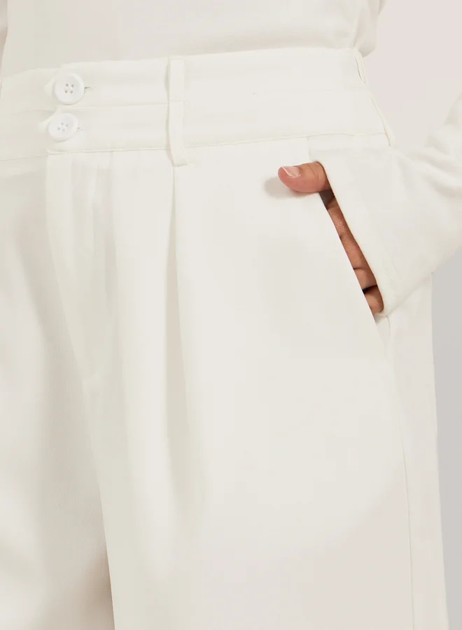 Styli Pleated Wide Leg Pants with Double Buttoned Waistband