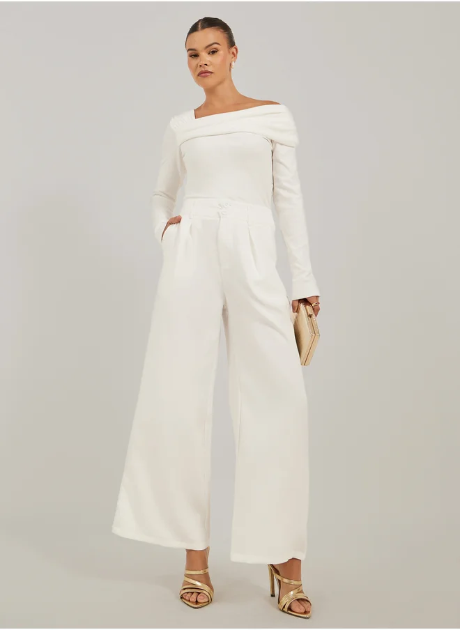ستايلي Pleated Wide Leg Pants with Double Buttoned Waistband
