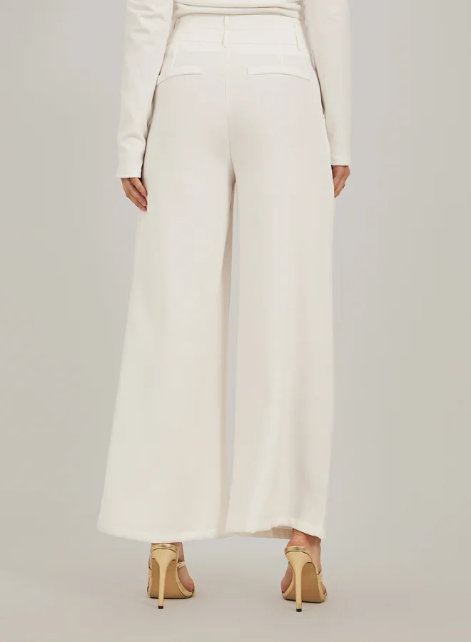 Styli Pleated Wide Leg Pants with Double Buttoned Waistband