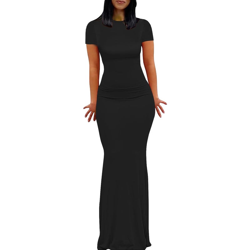 Mokayee Dresses for Women 2026 Wedding Guest Black Summer Short Sleeve Crew Neck Sexy Bodycon Soft Lounge Petite Maxi Dress M - Image 1
