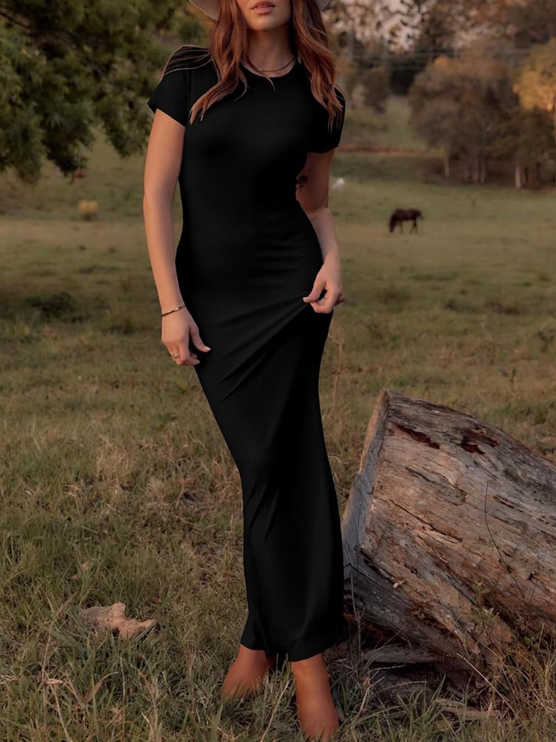 Mokayee Dresses for Women 2026 Wedding Guest Black Summer Short Sleeve Crew Neck Sexy Bodycon Soft Lounge Petite Maxi Dress M - Image 5