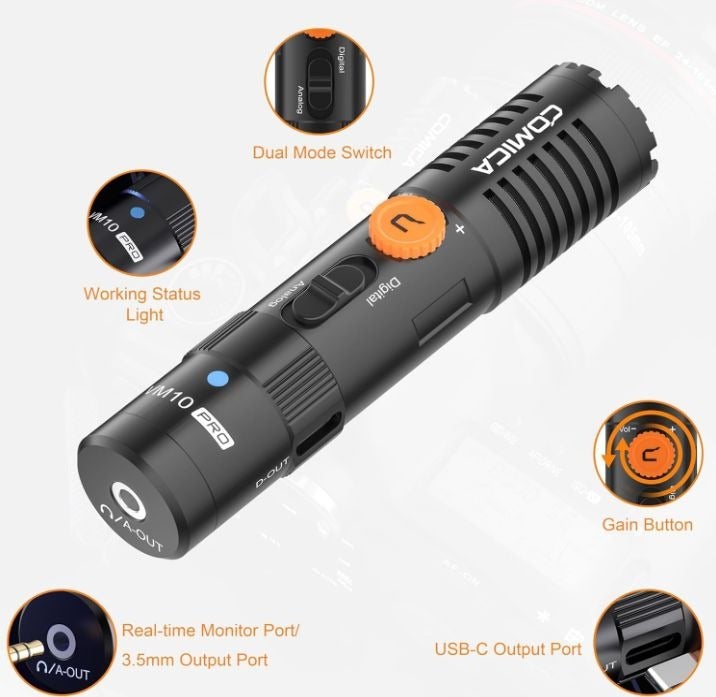 كوميكا Comica VM10 Pro — ميكروفون فيديو شامل يتميز بمخرج رقمي من نوع USB-C، ويوفر توافقاً واسعاً مع الأجهزة التي تستخدم منافذ 3.5 مم وUSB. - Image 4