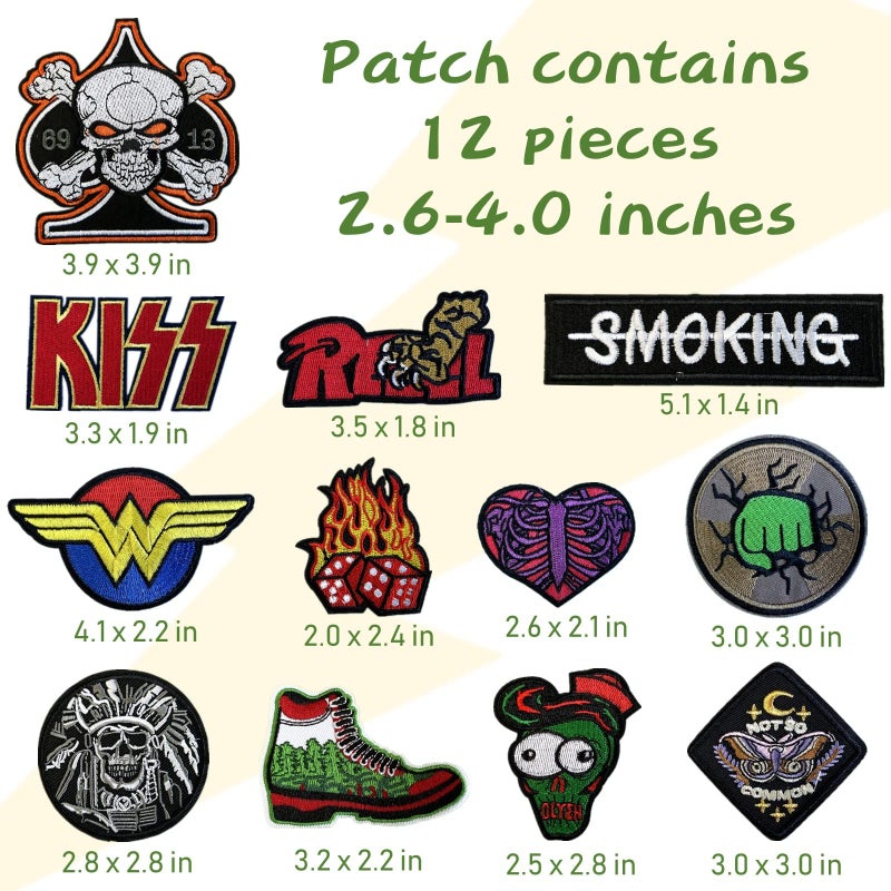 Cazzon Dark Embroidered Applique Iron On Patches for Backpacks, Rock Band Patches for Jackets, Cool Sew Patch for Clothing, Jeans, Hats, DIY Accessories (Dark6 12 Pcs) - Image 2