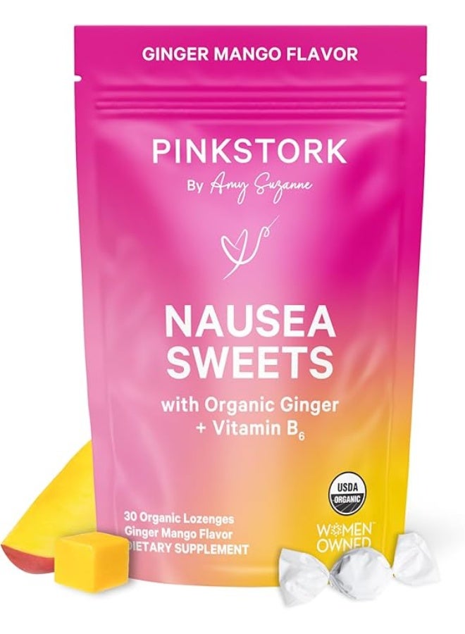 Organic Nausea Sweets - Mango Sweets with Vitamin B6 for Morning Sickness and Motion Sickness, Added Ginger & Vitamin B6, 1st Trimester Pregnancy Must Haves - 30 Organic Lozenges | Morning Sickness & Motion Sickness Support, Added Ginger, 1st Trimester Pregnancy Must Haves