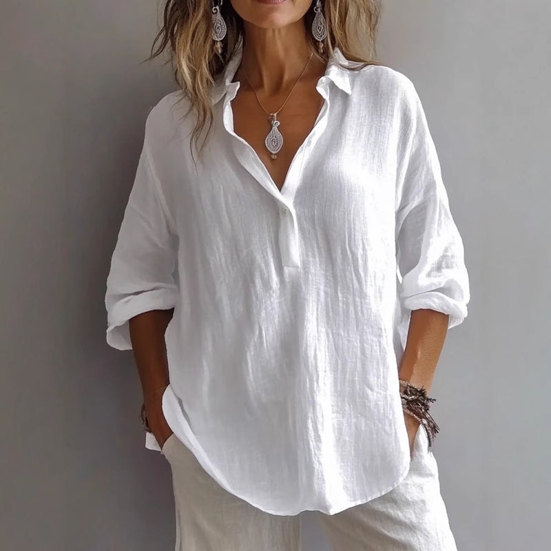Women's Solid Color Linen V-Neck Blouse - Image 2