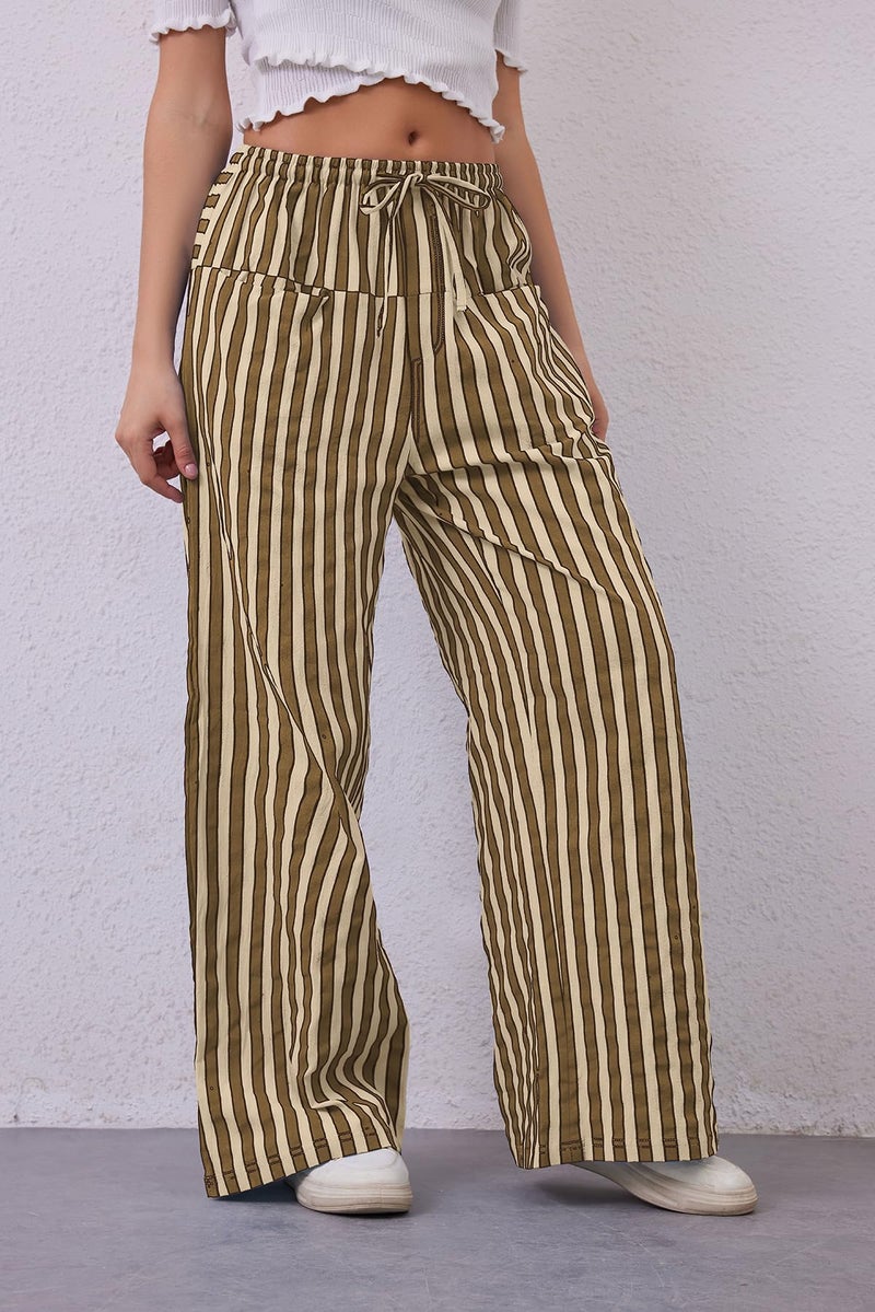 MISSACTIVER Women Drawstring Striped Pants Loose Wide Leg Trousers Casual Low Waist Pants Comfy Lounge Pants with Pockets Brown - Image 3