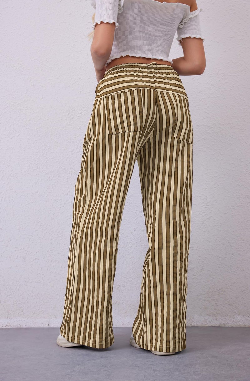 MISSACTIVER Women Drawstring Striped Pants Loose Wide Leg Trousers Casual Low Waist Pants Comfy Lounge Pants with Pockets Brown - Image 4