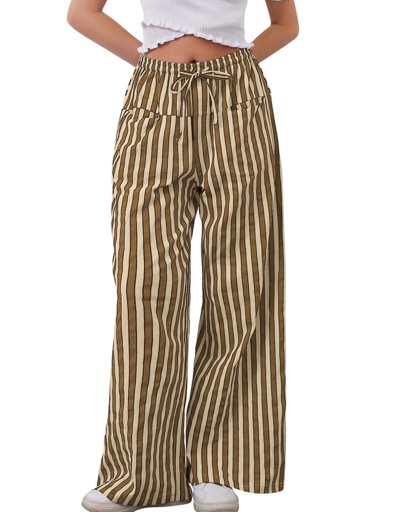 MISSACTIVER Women Drawstring Striped Pants Loose Wide Leg Trousers Casual Low Waist Pants Comfy Lounge Pants with Pockets Brown - Image 1