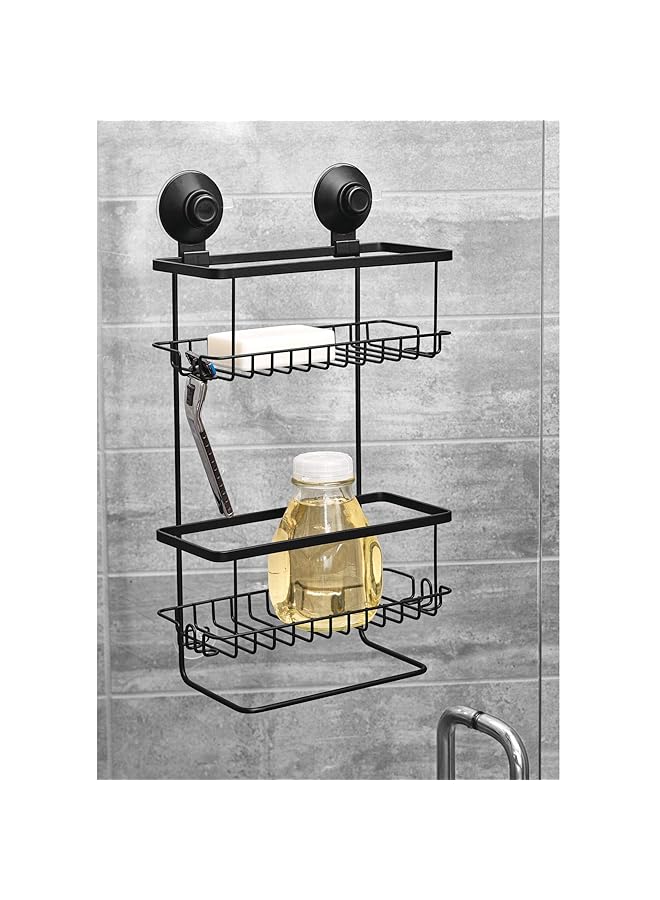InterDesign Everett Metal Push Lock Suction Shower Caddy Extra Space For Shampoo Conditioner And Soap With Hooks For Razors Towels Loofahs - Image 2