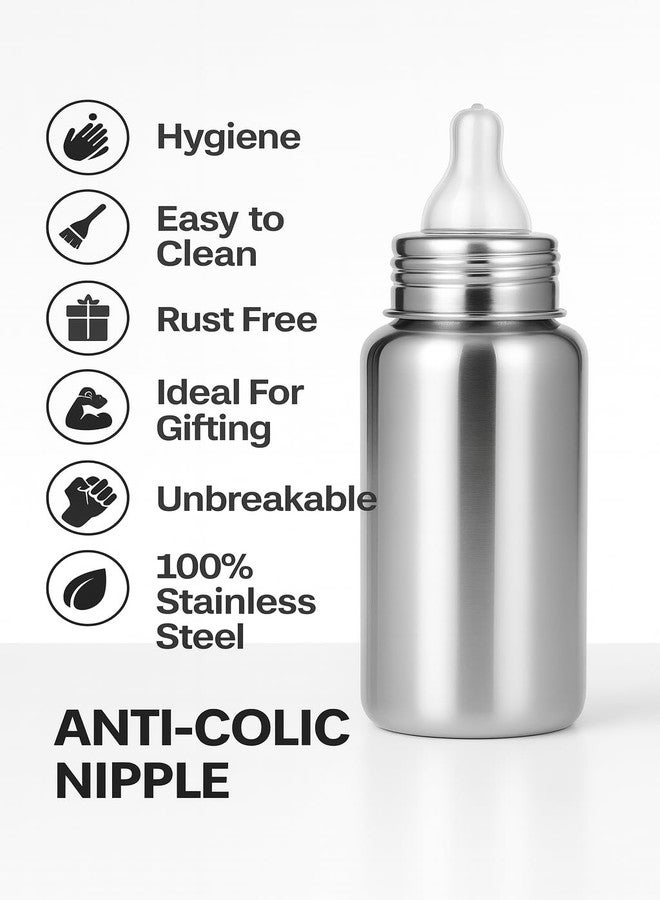 Cuteably 304 Grade Single-Piece Stainless Steel Bottle | Baby Bottle with Advanced Anti Colic Valve, BPA Free, Soft Silicone Teat, Wide Neck for Babies/Infants/Newborns of 0-3 Years (300 ML) - Image 2