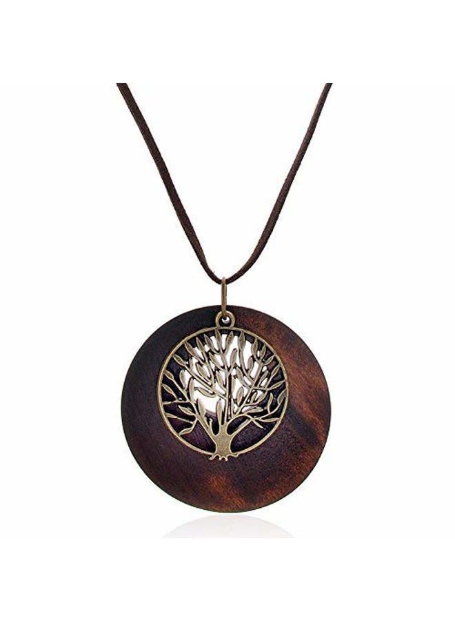 SIVITE Vintage Hollow Round Wooden Necklace Left Owl Tree of Life Charm Pendant Long Leather Chain Necklace - Image 1