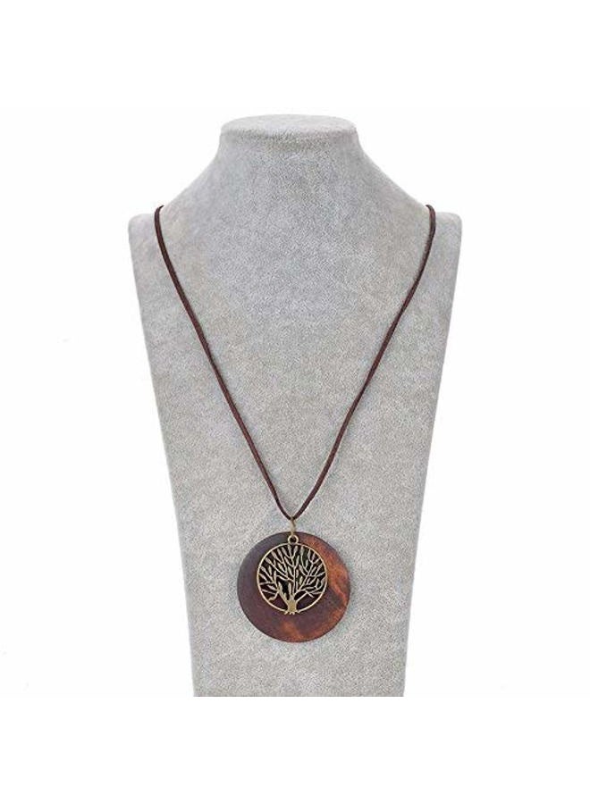 SIVITE Vintage Hollow Round Wooden Necklace Left Owl Tree of Life Charm Pendant Long Leather Chain Necklace - Image 2