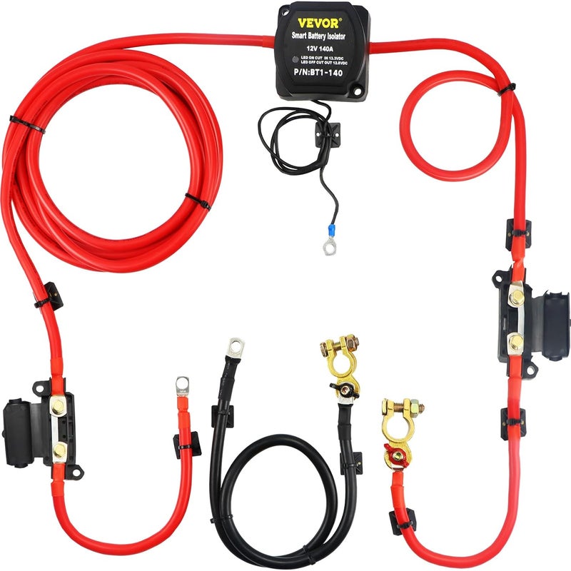 VEVOR Dual Battery Split Charge Relay 12V Kit, 140A Voltage Sensitive Relay Set -30 to 105℃, Automatic Charger & Cable Kit for Trucks, RV, Workshop, Car & Boat - Image 1