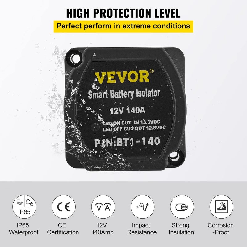 VEVOR Dual Battery Split Charge Relay 12V Kit, 140A Voltage Sensitive Relay Set -30 to 105℃, Automatic Charger & Cable Kit for Trucks, RV, Workshop, Car & Boat - Image 5