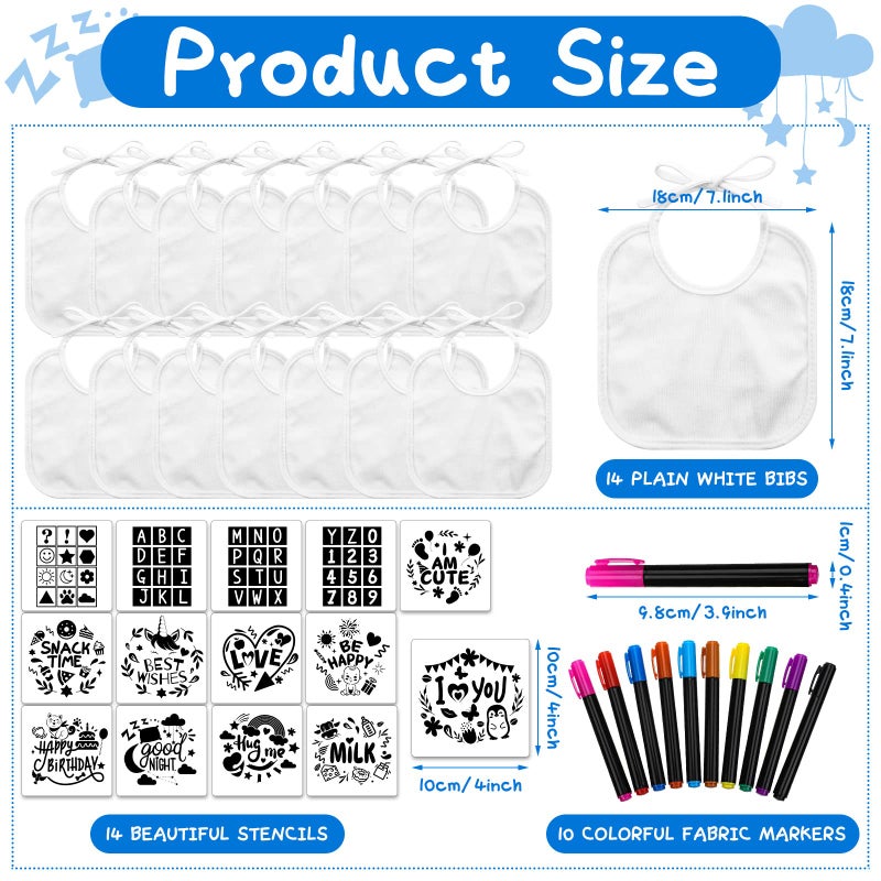 Jutom 38 Pcs DIY Baby Bibs Decorating Kit 14 Bibs 14 Stencils 10 Fabric Markers 2 Ply Feeder Bibs Design Bib for Shower Games(White) - Image 2