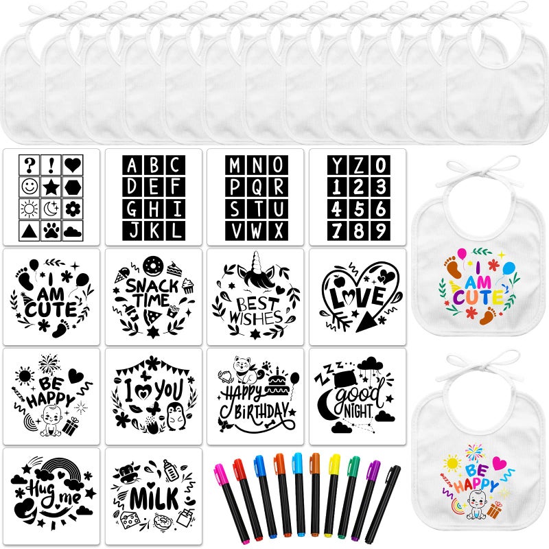 Jutom 38 Pcs DIY Baby Bibs Decorating Kit 14 Bibs 14 Stencils 10 Fabric Markers 2 Ply Feeder Bibs Design Bib for Shower Games(White) - Image 1