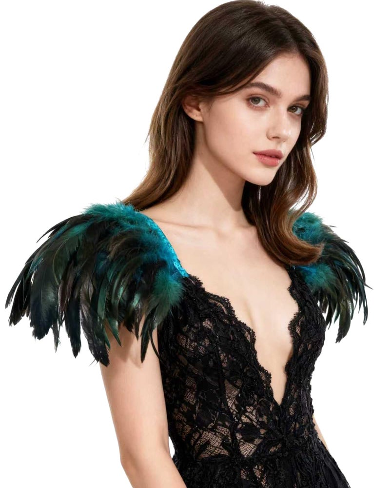 L'VOW Natural Real Feather Epaulet Shrug Shoulder Strap Halloween Costumes Pack of 2 (Acid blue) - Image 1
