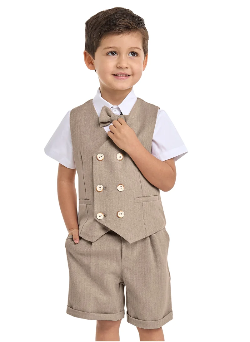 victor and jane Neutral/Beige Waistcoat And Short Set With Shirt And Bow Tie