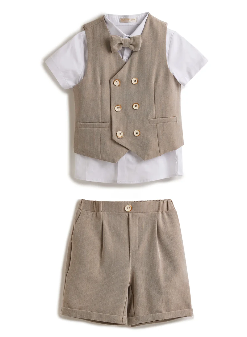 victor and jane Neutral/Beige Waistcoat And Short Set With Shirt And Bow Tie