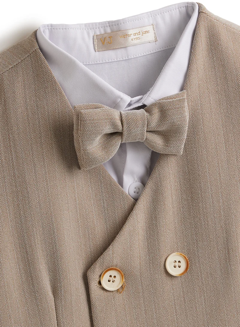 victor and jane Neutral/Beige Waistcoat And Short Set With Shirt And Bow Tie