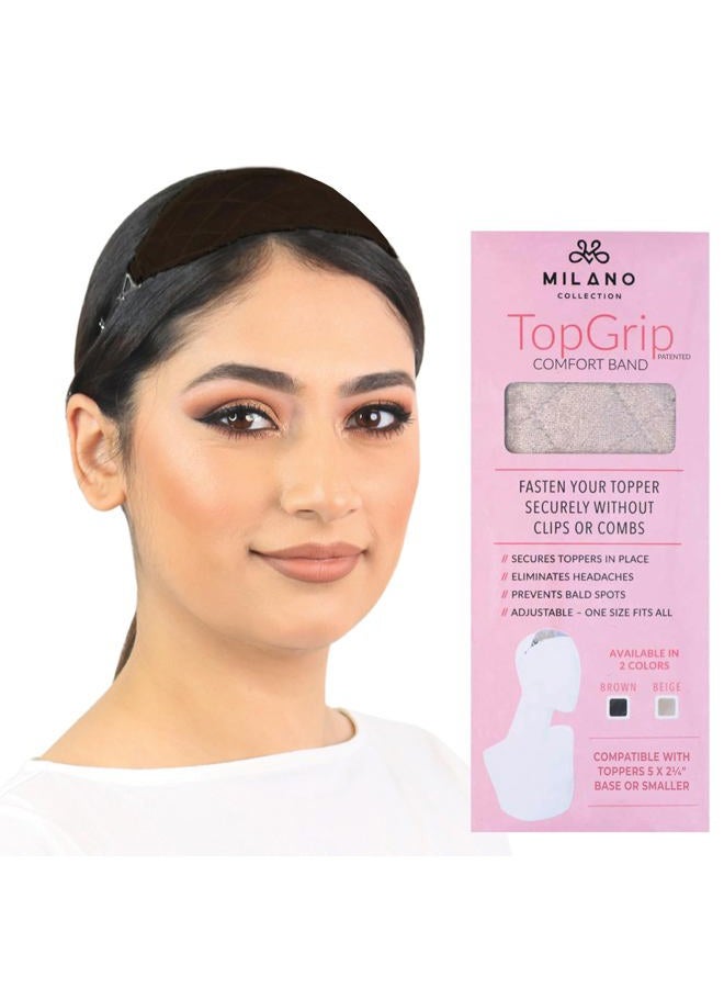 MILANO COLLECTION Glueless Top Grip for Hair Topper & Wiglets, Adjustable Translucent Strap with Side Openings, Top Headband for Your Wig or Topper, Includes Clips, Brown, Small - Image 1