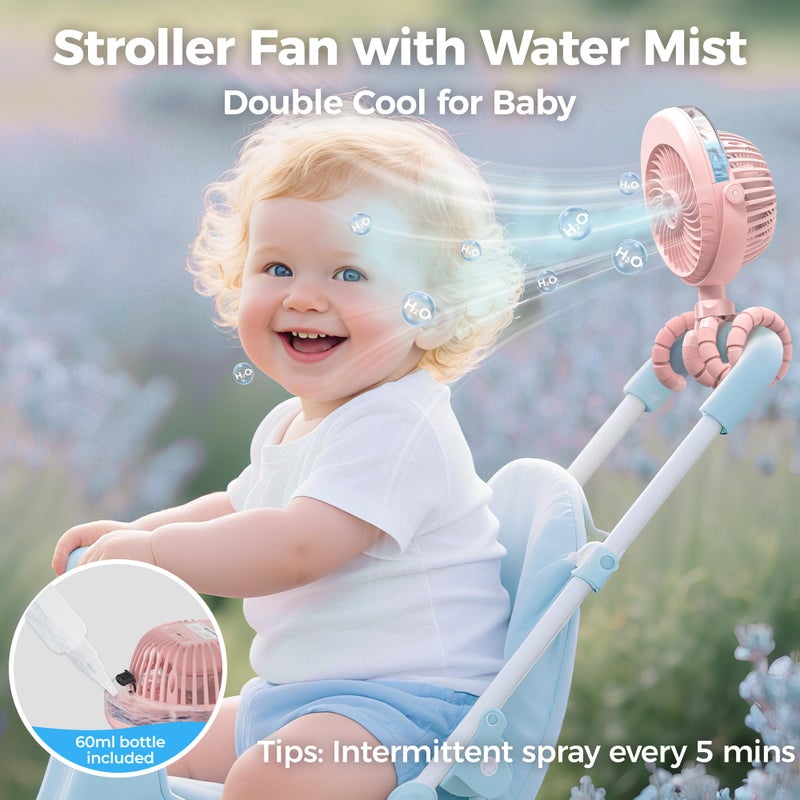 COMLIFE 2025 Upgarded 4000mAh Misting Baby Stroller Fan, Rechargeable Battery Operated,Max 15Hrs Cooling,50ml Portable Water Sprayer Misting Fan with Flexible Tripod Clip on Car Seat Crib Treadmill Bunk Bed - Image 2
