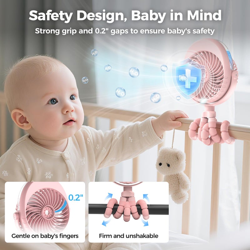 COMLIFE 2025 Upgarded 4000mAh Misting Baby Stroller Fan, Rechargeable Battery Operated,Max 15Hrs Cooling,50ml Portable Water Sprayer Misting Fan with Flexible Tripod Clip on Car Seat Crib Treadmill Bunk Bed - Image 5