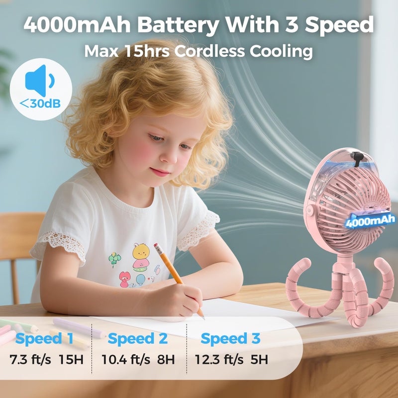 COMLIFE 2025 Upgarded 4000mAh Misting Baby Stroller Fan, Rechargeable Battery Operated,Max 15Hrs Cooling,50ml Portable Water Sprayer Misting Fan with Flexible Tripod Clip on Car Seat Crib Treadmill Bunk Bed - Image 3