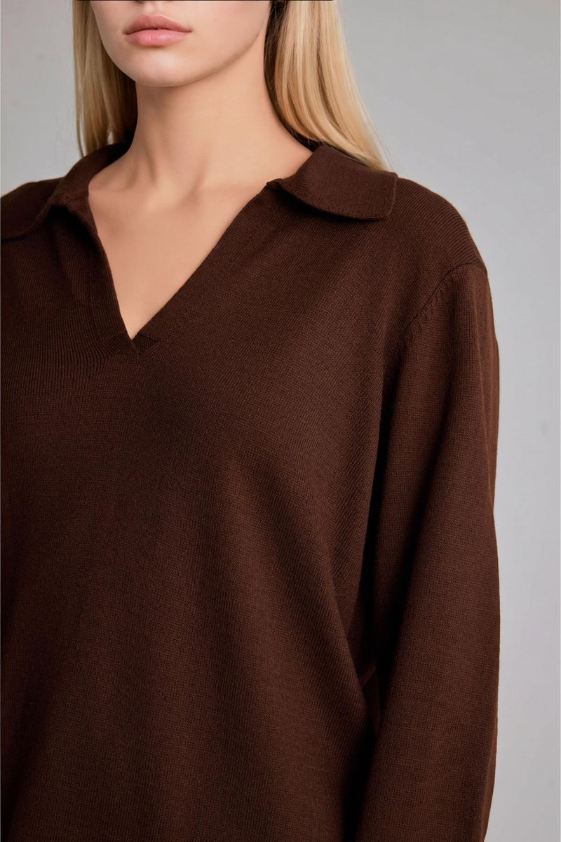 DeFacto Brown Woman Regular Fit Polo Collar Pullover Casual - Image 4