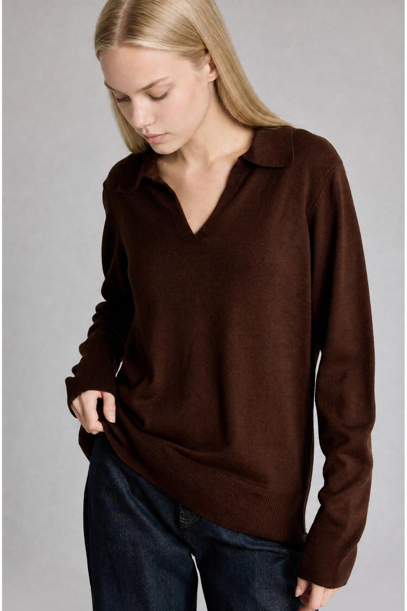 DeFacto Brown Woman Regular Fit Polo Collar Pullover Casual - Image 3