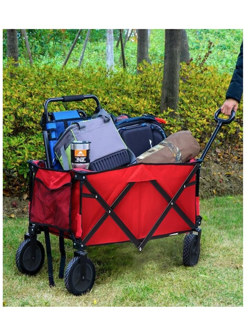 ADAK Collapsible Folding Wagon- Heavy Duty Utility Cart with 360° Rotating 4'' Wheels,150KG Load Capacity, Foldable Design for Camping, Beach, Garden, and Shopping- Durable Alloy, PVC,and Iron (Red) - Image 4