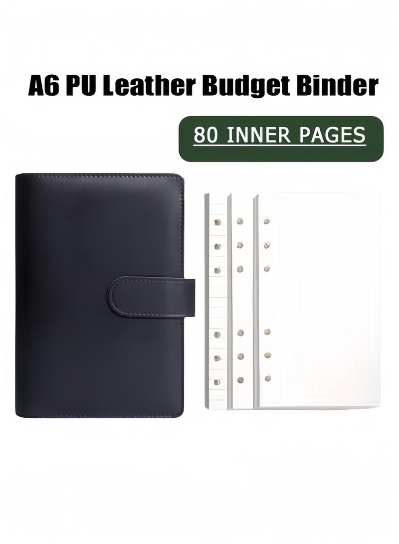 A6 PU Leather Budget Binder, Refillable 6 Ring Notebook Binder, for A6 Filler Paper, Loose Leaf Personal Planner Binder, with Cover Snap, Black - Image 1