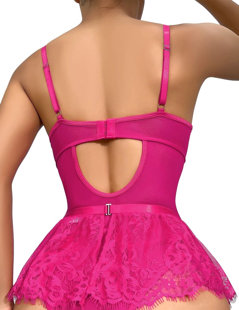 Lilosy Sexy Stocking Rhinestones Heart Garter Underwire Floral Mesh lace Sheer Babydoll Lingerie Teddy Bodysuit Skirt Set Women 2 3 Piece Push Up See Through Hot Pink Medium - Image 2