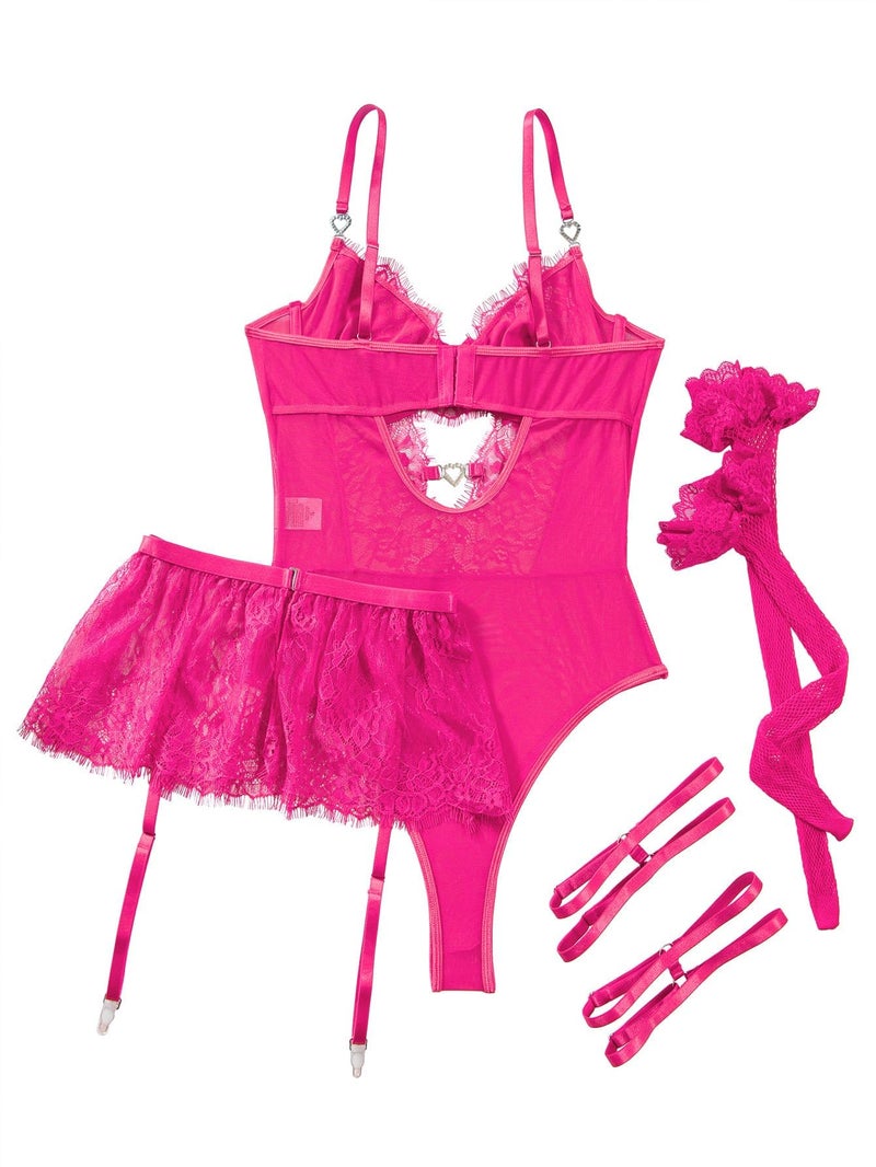 Lilosy Sexy Stocking Rhinestones Heart Garter Underwire Floral Mesh lace Sheer Babydoll Lingerie Teddy Bodysuit Skirt Set Women 2 3 Piece Push Up See Through Hot Pink Medium - Image 5