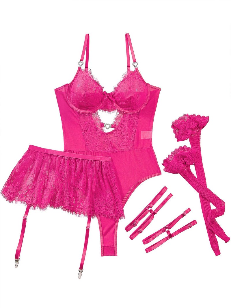 Lilosy Sexy Stocking Rhinestones Heart Garter Underwire Floral Mesh lace Sheer Babydoll Lingerie Teddy Bodysuit Skirt Set Women 2 3 Piece Push Up See Through Hot Pink Medium - Image 4