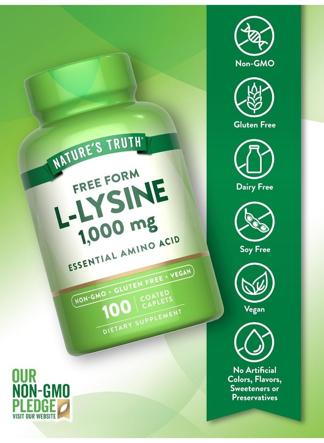 Nature's Truth L Lysine 1000mg Capsules | 100 Coated Caplets | Free Form | Vegetarian, Non-GMO, Gluten Free - Image 3