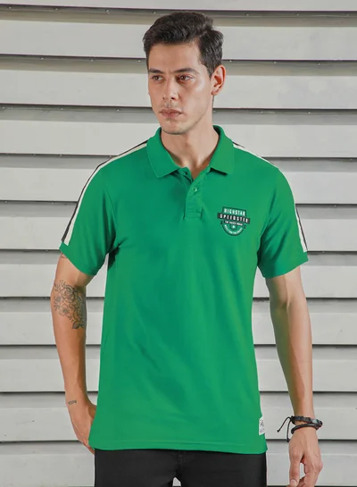 HIGH STAR Green Applique Detail Polo T-shirt for Men, Half Sleeves, 100% Cotton