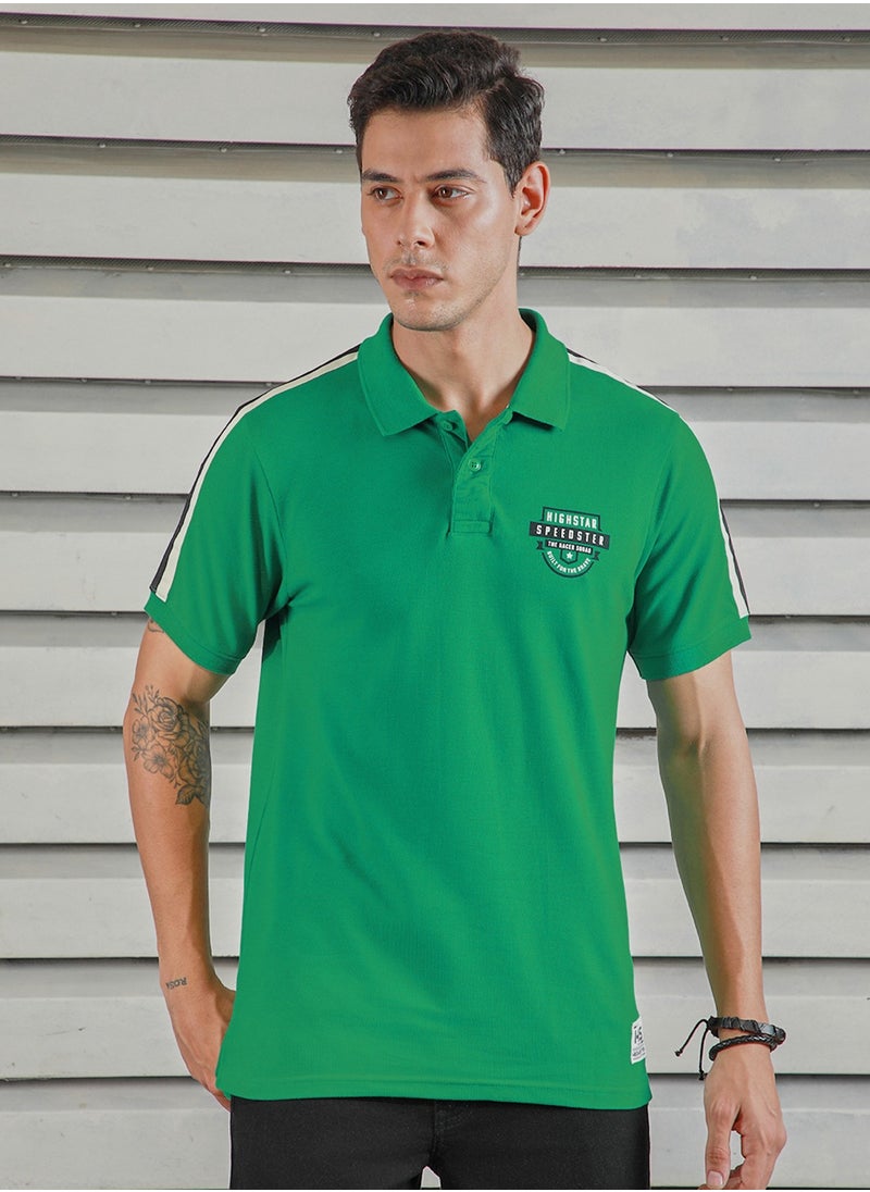HIGH STAR - Green Applique Detail Polo T-shirt for Men, Half Sleeves, 100% Cotton - Image 1