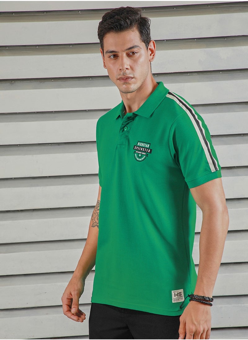 HIGH STAR - Green Applique Detail Polo T-shirt for Men, Half Sleeves, 100% Cotton - Image 1
