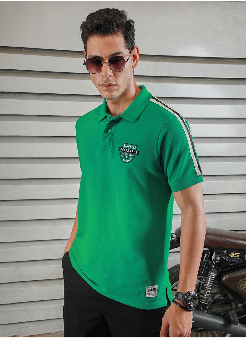 HIGH STAR - Green Applique Detail Polo T-shirt for Men, Half Sleeves, 100% Cotton - Image 1