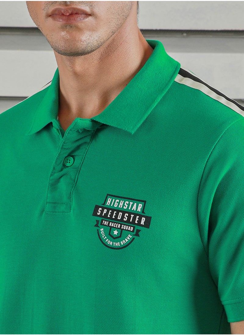 HIGH STAR - Green Applique Detail Polo T-shirt for Men, Half Sleeves, 100% Cotton - Image 1