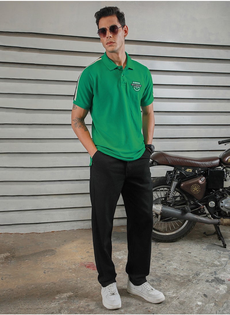 HIGH STAR - Green Applique Detail Polo T-shirt for Men, Half Sleeves, 100% Cotton - Image 1