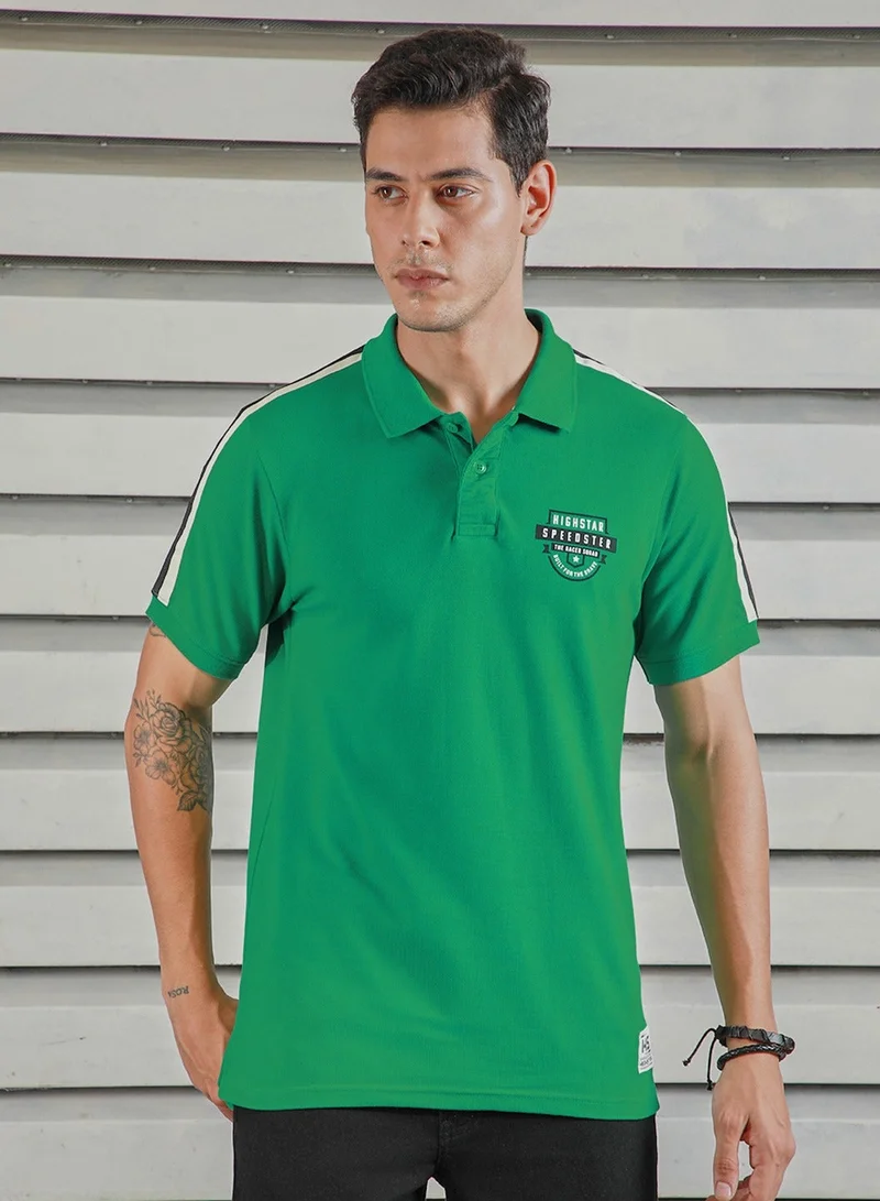 HIGH STAR Green Applique Detail Polo T-shirt for Men, Half Sleeves, 100% Cotton