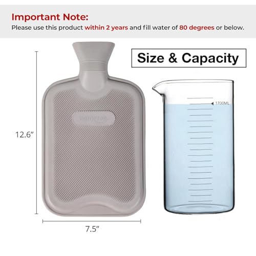HomeTop Premium Classic Rubber Hot or Cold Water Bottle with Soft Fleece Cover (2 Liters,Gray) - Image 4